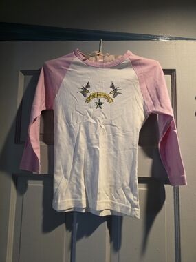 Girls' White and Light Pink Raglan Long Sleeve Tee with Star Graphic